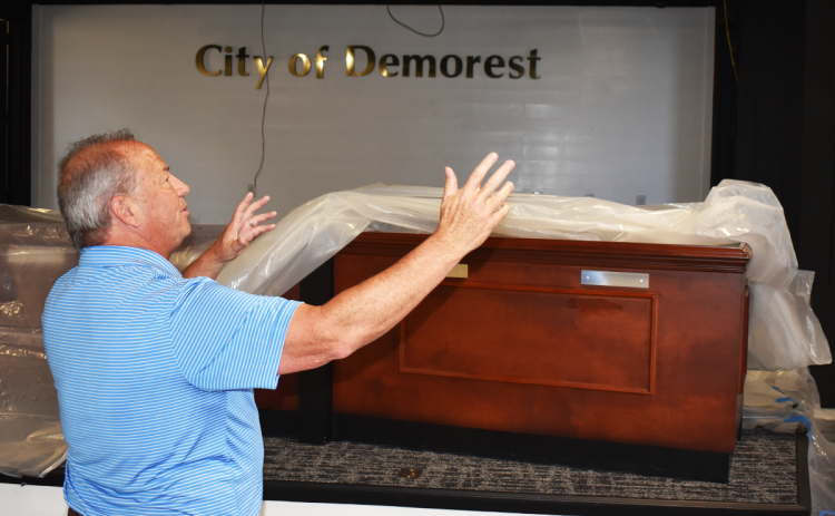 Demorest City Manager Mark Musselwhite shows off the city’s new conference center in the city hall building auditorium. MATTHEW OSBORNE/Staff