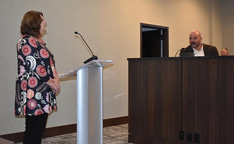 Habersham County Schools’ Counseling Director Daphne Penick talks about her programs while Superintendent Matthew Cooper listens on Wednesday. MATTHEW OSBORNE/Staff