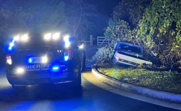 A truck ends up in the trees after being chased into White County at high speeds on Friday night. HABERSHAM COUNTY/Submitted