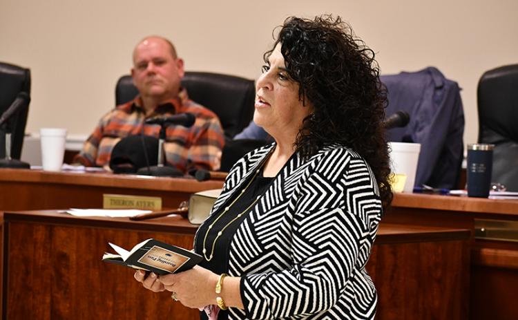 Baldwin Mayor Stephanie Almagno thanks her supporters who made her the first female elected mayor of Baldwin. JULIANNE AKERS/Special