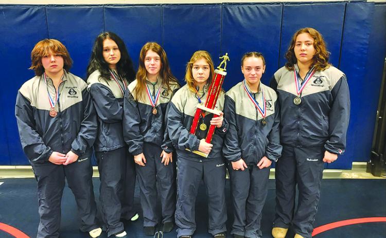 SUBMITTED Habersham medalists Carleigh Brawn, Gracie Abernathy, Hayley Speed, McKenzie Spradley, Natalie Spillers and Melia Mead pose with the Arrowhead Classic runner-up trophy. SUBMITTED