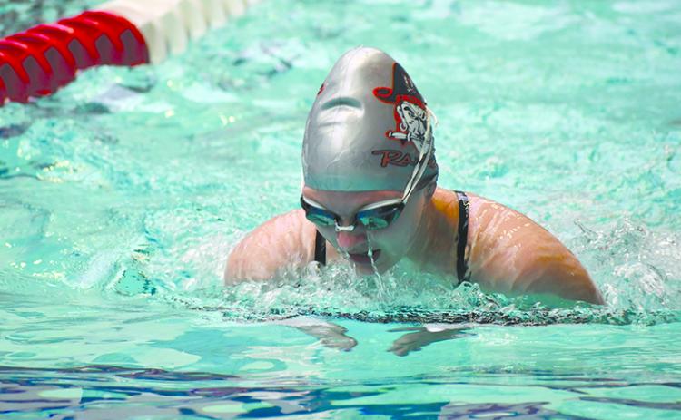 Habersham Central’s Bethany Lyons swims in the Raiders’ meet at the University of Georgia on Saturday. LANG STOREY/Staff