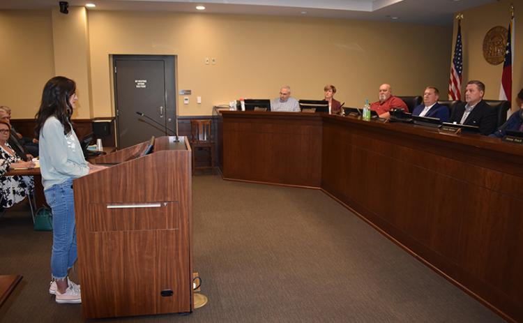 Kerry Anderson speaks to the Habersham County Board of Commissioners about The Orchard tower on Monday night. MATTHEW OSBORNE/Staff