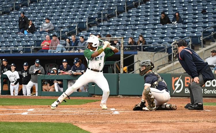 Tallulah Falls’ Danny Vigille-Grant awaits the pitch during Wednesday’s game at the home of the Triple-A Gwinnett Stripers. LANG STOREY/Staff