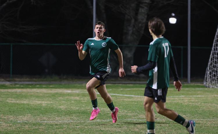 Tallulah Falls’ Jackson Cording celebrates one of his three goals against Athens Christian. AUSTIN POFFENBERGER/Special