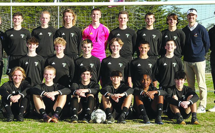 Members of the Tallulah Falls varsity boys soccer team are (front row, from left) Nick Edenfield, Jacob Mitchell, Alvaro Garcia Breton, Heath Booker, Versean Lynes and Koen Eller. Middle row are (from left) Tyson Hall, Jared Mullis, Landon Hall, Eli Damron, Clay Kafsky and Austin Ball. Back row are (from left) Coach Travis Mullis, Jackson Cording, Josiah Turney, Laith Reynolds, Kelton Reynolds, Jakob Wehrstein, Britton Shaw, Kale Borcher, Coach Jeremy Stille and Manager Cole Borchers. STRAWBRIDGE STUDIOS