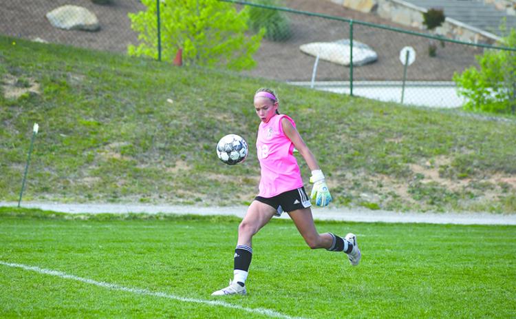 Tallulah Falls’’ LB Kafsky sends a ball deep following one of her 13 saves Wednesday. LANG STOREY/Staff