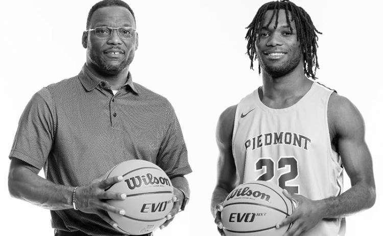 Piedmont hoopster Silas Mulligan (right) is shown with his father, Dr. Octavius Mulligan in a promotional photo for the Lions. Dr. Mulligan is a Dean of the College of Education at Piedmont and was a longtime school adminstrator for various Habersham County Schools. KARL L. MOORE/Courtesy of Piedmont University