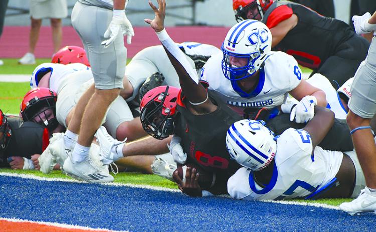 Habersham Central’s Antonio Cantrell plows his way into the end zone for a touchdown on Friday night against Oconee County. LANG STOREY/Staff