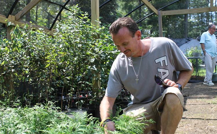Jonathan Twitty tends to saplings at Victory Home. BRIAN WELLMEIER/Staff