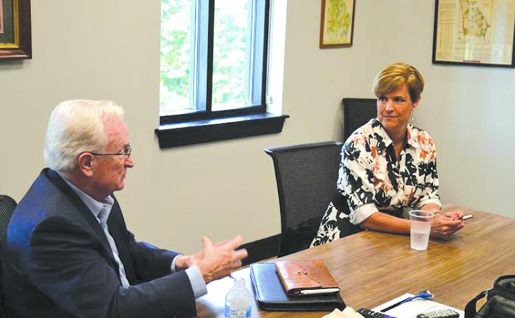 Habersham County Manager Alicia Vaughn chats with former County Manager Phil Sutton in 2021. Vaughn will leave the position in December. FILE PHOTO