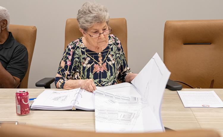 Commissioner Janice Griggs examines the plot map during the work session on Tuesday. ZACH TAYLOR/Staff