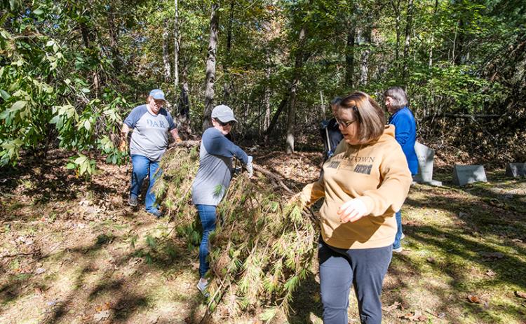 Lynn McCollum, Tiffany Teoman and Marcie Caudell move a massive pine branch that fell during last month’s storms. ZACH TAYLOR/Staff