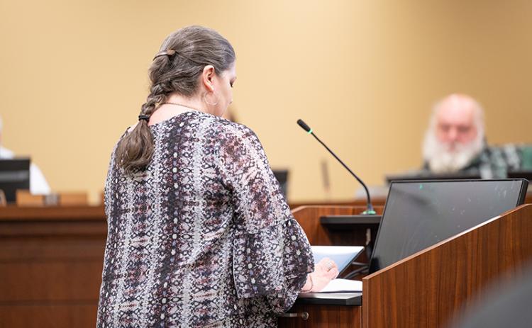 Elections Supervisor Laurel Ellison makes a presentation for a recommendation to consolidate two voter precincts in Habersham County. ZACH TAYLOR/Staff