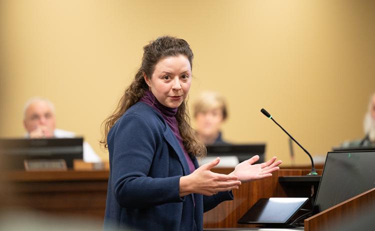 Melissa Harward, a dog owner and client of Marjorie Stephens’ business, South Paws Sports Center, vies for a dog training facility in Habersham. Harward spoke on the professionalism and the education Stephens provides to her clients. ZACH TAYLOR/Staff