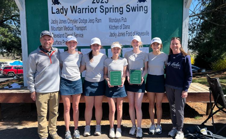 The Lady Raiders golf team fired a 247 to win the Lady Warrior Spring Swing at Apple Mountain Golf Course last Saturday. Pictured are Coach Shawn Blackburn, Charlotte Smith, Macey Harrison, Maddie LaPrade, Addie Maney, Kadyn Green and Assistant Coach Joni Blackburn. SUBMITTED