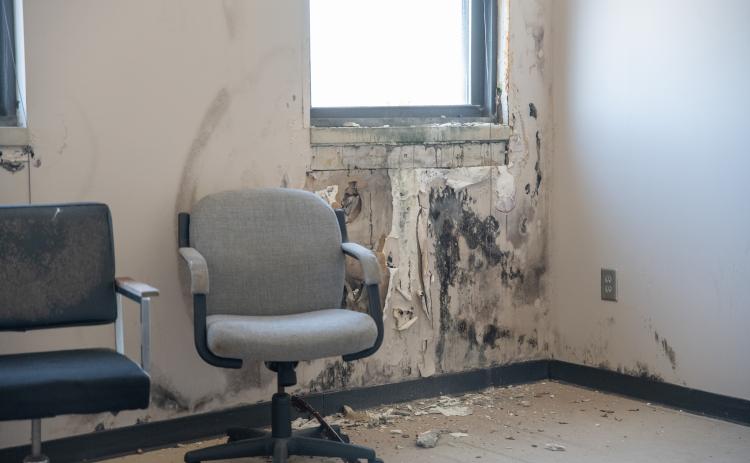 Mold and water damage tears through paint on the third floor. ZACH TAYLOR/Staff