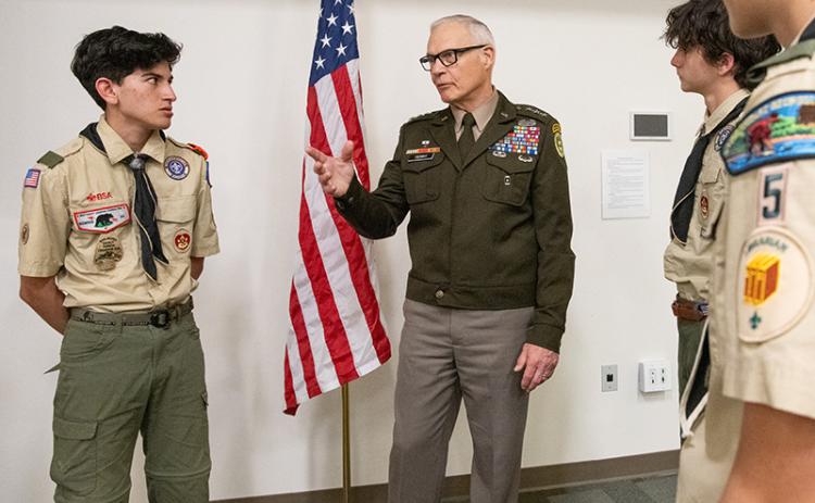 Lt. General James L. Terry speaks with David Quintal and other scouts from Troop 5 after his keynote address. ZACH TAYLOR/Staff