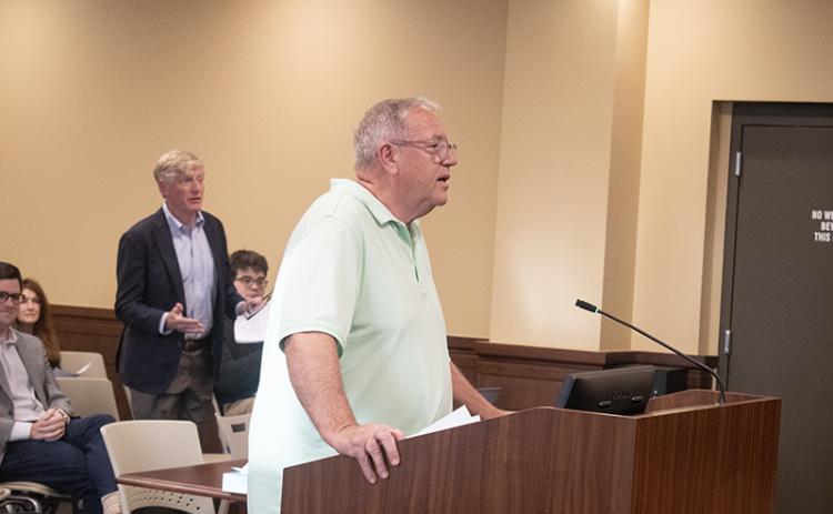 Roger Greene is the sole citizen commentator for the public hearing concerning the financing for the animal shelter during Monday night’s county commission meeting. Greene expressed concern about tax allocation toward the project, but commissioners assured him that property taxes would not be used in the financing of the project. SPLOST monies will be allocated toward funding the project instead. HANNAH CAUDELL/Staff