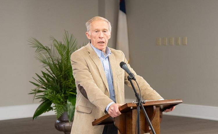 Guest speaker Bob Ingram, a 40-year law enforcement officer, Marine, and professor, speaks at the April Northeast Georgia Brotherhood of Veterans and Patriots breakfast on Saturday. ZACH TAYLOR/Staff