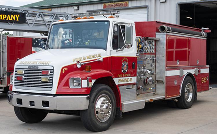 A Baldwin Fire Department truck sits outside of the city’s fire department. Recently, Baldwin’s council approached Cornelia Commissioners to ask for a consolidation of fire services. Council is still looking for ways to cut down on its $429,030.77 budget deficit after passing the budget in June. (Zach Taylor/Staff)