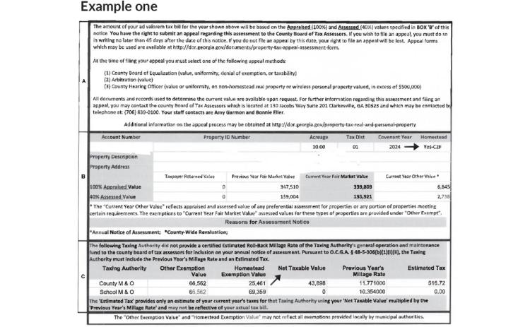 Property owners are asked to focus on the “Net Taxable Value” column on their property tax assessment notice. Those with a homestead exemption will see it marked in the top right corner as in example 1, and those who live within city limits will see a third taxing authority, as in example 2.