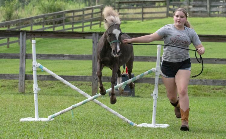 Isabella Ramey (right) runs with Vy as the pony jumps the first obstacle in the practice arena. (Hannah Caudell/Staff)