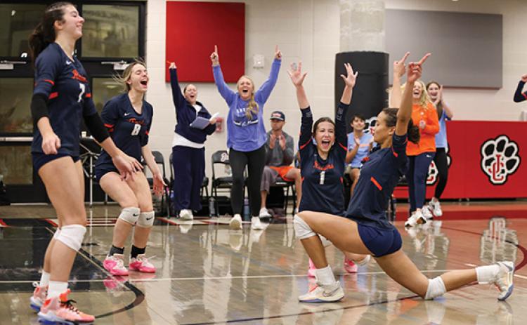 Habersham Central celebrates during a volleyball match between Habersham Central and Loganville at Jackson County High School on Monday, Oct. 6. (Landen Todd/Staff)