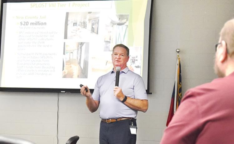 County Manager Tim Sims shares information about the Tier 1 project, the new county jail, during the Lunch and Learn Town Hall on Oct. 6 at The Ruby Fulbright Aquactic Center. (Samantha Sinclair/Staff)
