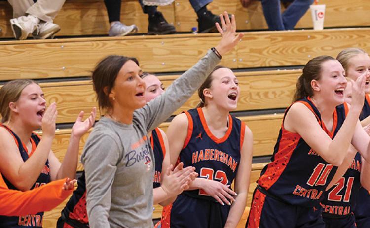 Habersham Central gets excited after senior Kenzie King hits a three pointer during a basketball game between Habersham Central and East Forsyth at East Forsyth High School on Tuesday, Dec. 2. (Landen Todd/Staff)
