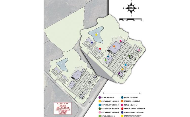 At right, a concept plan for the Duncan Bridge Project shows a senior living facility and medical offices along Duncan Bridge Road, and a grocery store, restaurants, a gas station and retail along Ga. 365. (Kristen Adkinson/Staff)