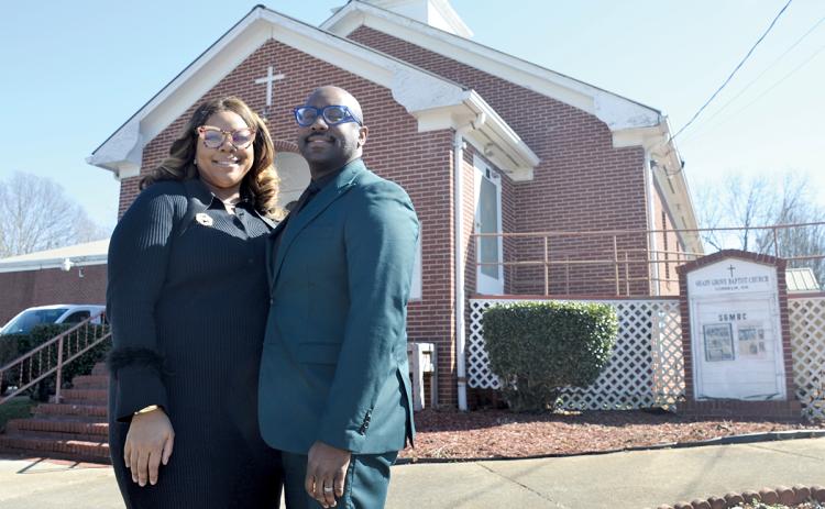 Jalessa and Pastor Sherrod Aiken stand outside Shady Grove Missionary Baptist Church. (Samantha Sinclair/Staff)