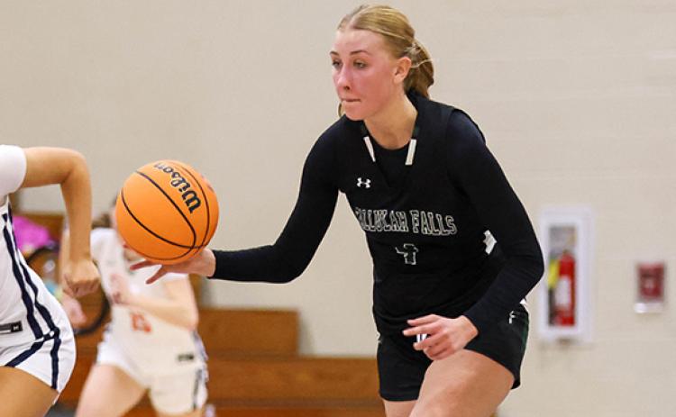 Tallulah Falls junior forward Klara Dvorakova (4) dribbles the ball during a basketball game between Tallulah Falls and Lakeview Academy at Lakeview Academy on Thursday, Jan. 22. (Landen Todd/Staff)