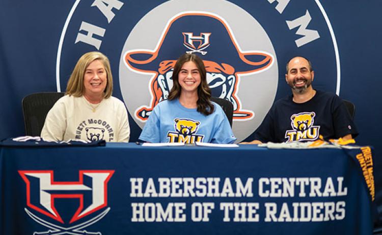 Rhonda LaBarbera, Habersham Central senior Meg LaBarbera and HCHS Girls Soccer Head Coach Jeff LaBarbera pose during the signing ceremony. (Submitted)