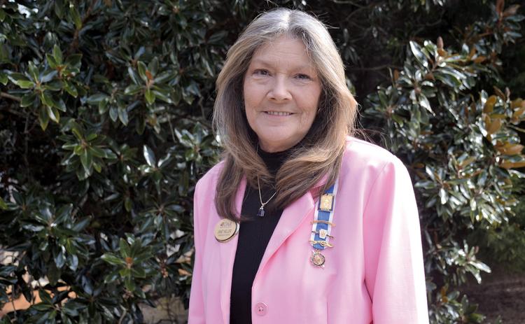 Janet Keller is one of the Tomochichi Chapter’s newest members. Her pins include one for her Revolutionary War ancestor, Jacob Roller of Pennsylvania, and a lantern pin in honor of the chapter’s founder, Addie Bass. (Samantha Sinclair/Staff)