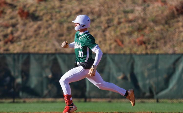 Tallulah Falls junior pitcher Drew Barron (10) runs to sec- ond base during the baseball game between George Walton  Academy and Tallulah Falls at Higgins Baseball Complex on Tuesday, March 17. (Landen Todd/Staff)