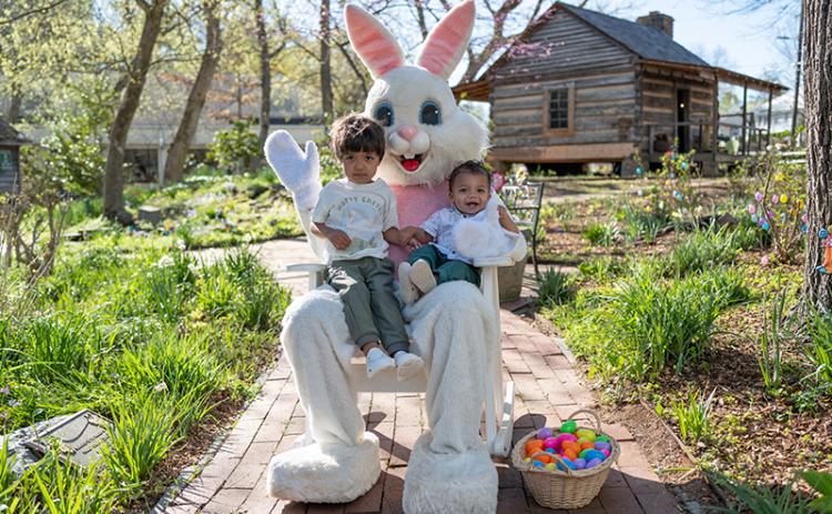 Archer and Ace Watkins pose for a picture with the Easter Bunny at the Mauldin House in Clarkesville. The annual event allows families to enjoy a stress-free environment for photos with the Easter Bunny in one of Clarkesville’s historic and colorful locations, perfect for the celebration. ZACH TAYLOR/Staff