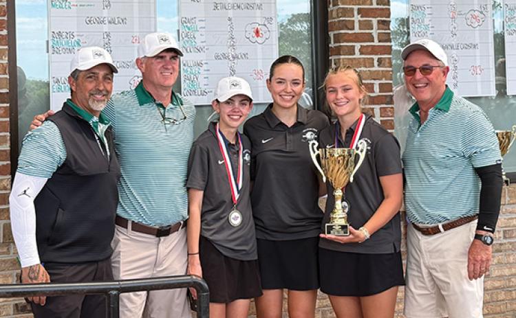 Assistant Coach Brian Velazquez, Assistant Coach Jadie Hatcher, Maeve Hatcher, Alex Rokoska, Handley James and Coach C.J. Stockel pose at the Region Championship at Monroe Golf Club  on Monday, April 13.  (Submitted)
