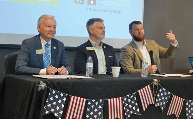 Rep. Chris Erwin, Rep. Victor Anderson and Sen. Bo Hatchett answer questions about the legislative session during Partnership Habersham and Habersham Chamber of Commerce’s Annual Legislative Breakfast Wednesday morning. (Samantha Sinclair/Staff)