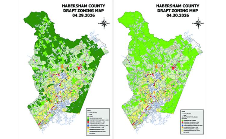 The new proposed zoning map, right, shows the revision that eliminated the Conservation Subdivision district, placing those properties in the Agricultural district. (Submitted)