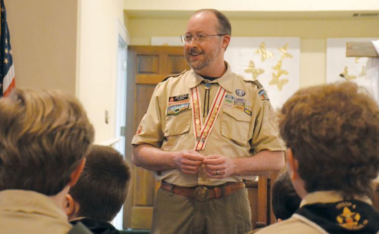 Jake McGahee speaks to Troop 5 during his final Scoutmaster Minute at the May Court of Honor on May 5. (Samantha Sinclair/Staff)