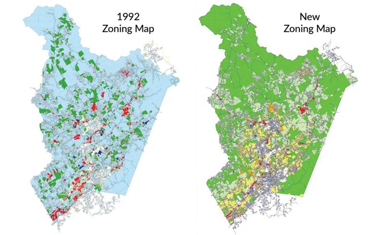 Under the previous zoning, data centers were allowed in Medium Intensity and High Intensity zones — marked dark blue and red on the 1992 map — and subdivisions with unlimited one-acre lots were allowed in Light Intensity zoning district, or all light blue areas. The newly-approved zoning map limits data centers to General Industrial zoning districts, marked in grey, and creates a minimum lot size of three acres in Agricultural zoning district, marked by green on the map. (Submitted)