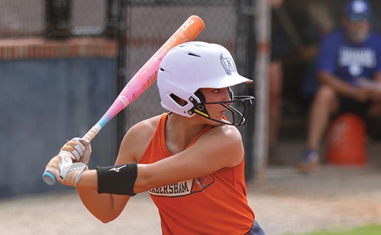 Habersham Central rising senior Kayla Stevens prepares to hit the ball during the scrimmage between Banks County and Habersham Central at Raider Field on Tuesday, July 21. (Landen Todd/Staff)