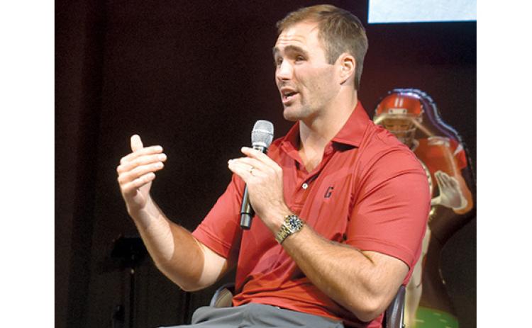 Jake Fromm speaks to a very crowded Level Grove Baptist Church at the Tailgates and Testimonies event held on Sunday night. (Noah Ansley/Staff)