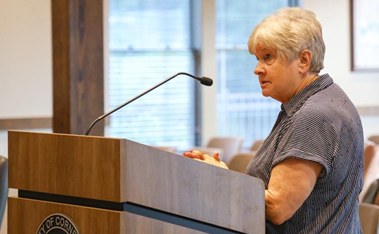 Cornelia resident Evelyn McClain asks Cornelia City Commissioners to keep questioning the county's tax assessment board for answers on why the city saw such a steep reduction in assessment values. (Hannah Caudell/Staff)