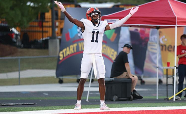 Habersham Central senior wide receiver Jay Feltus celebrates at Red Devil Stadium tonight. (Landen Todd/Staff)