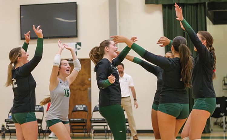Tallulah Falls senior Shelby Whisnant (17) and her teammates celebrate after scoring a point during a volleyball match at TFS on Tuesday, Sept. 22. (Landen Todd/Staff)