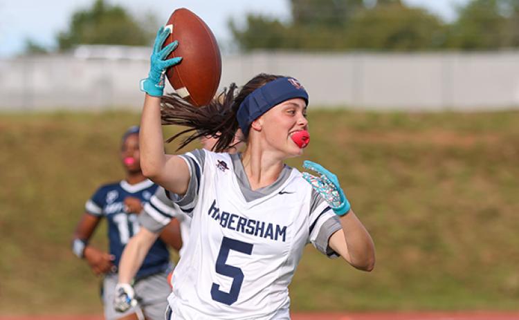 Habersham Central junior running back Adley Parker (5) celebrates a touchdown during a flag football game between Elbert County and Habersham Central at Raider Stadium on Thursday, Oct. 8. (Landen Todd/Staff)