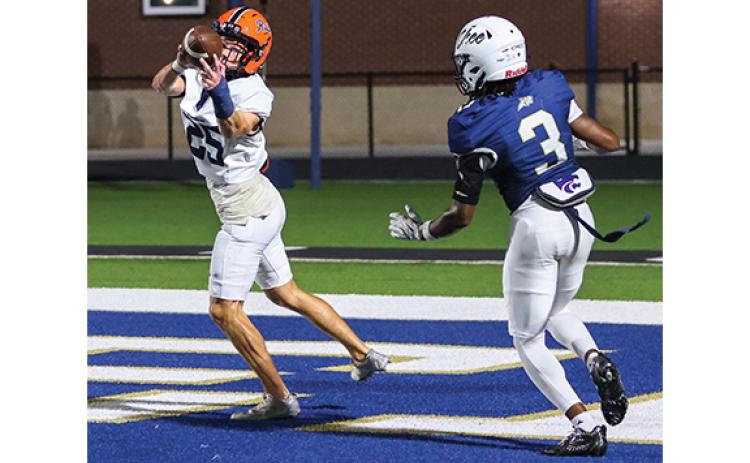 Habersham Central senior defensive back Sutton Porter (25) picks the ball off during the football game between Habersham Central and Apalachee at Harrison Stadium on Friday, Oct. 2. (Landen Todd/Staff)