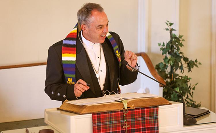 The Rev. Dr. Mathew Henderson speaks during the 129th Stated Meeting of the Northeast Georgia Presbytery at First Presbyterian Church of Clarkesville on Tuesday, Oct. 20. Henderson is the pastor of First Presbyterian Church of Clarkesville and moderator for the Presbytery. (Landen Todd/Staff)